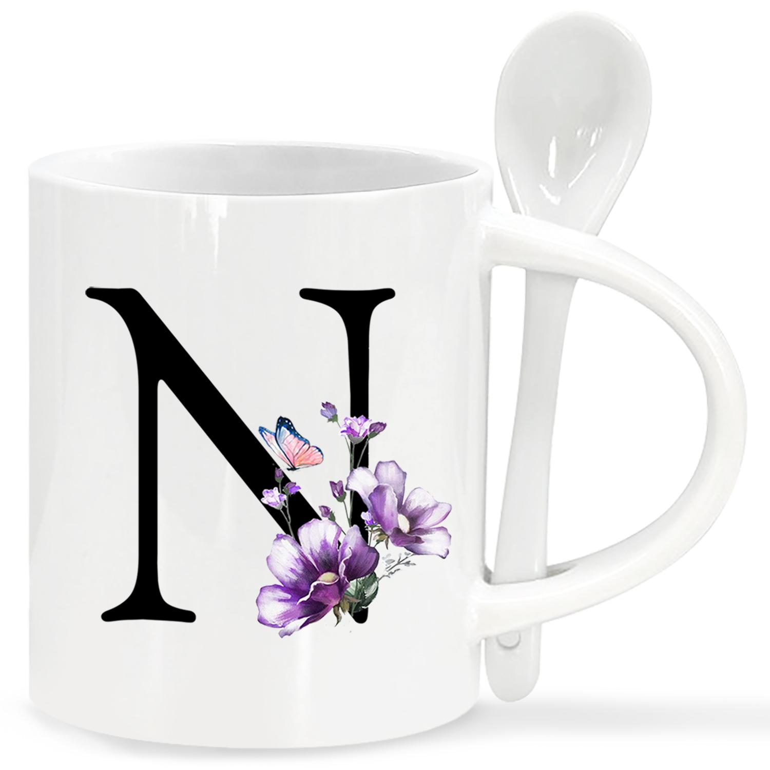 

1 шт., кружки для кофе Letter Flower AZ для офиса и дома, подарки на день рождения для женщин, праздничный подарок, керамическая кружка для кофе на 11 унций с ложкой 11OZ