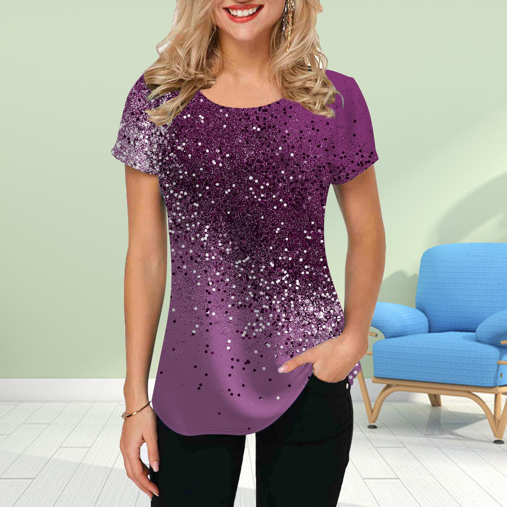 

Модная женская футболка с двухцветным градиентным принтом, забавная повседневная футболка с круглым вырезом и короткими рукавами, летняя женская футболка L фиолетовый