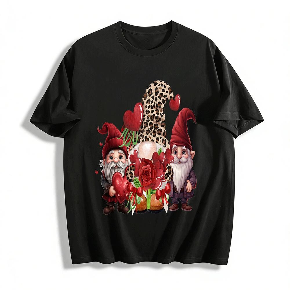 Valentine s Day Leopard Gnome Rose Print Casual Top Pure cotton T-shirt XXS