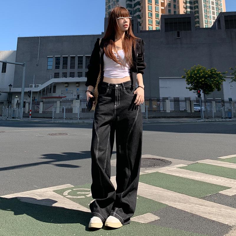 

Women s Deep Space Black High-Waisted Wide-Leg Jeans: 2024 Autumn/Winter Slimming Loose Straight Casual Floor-Length Pants Small