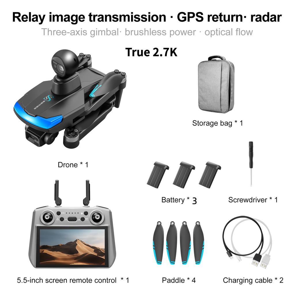 Nuevo Dron Profesional S185 GPS Retorno 5G Verdadero 2.7K HD Cámara Dual Control Remoto con Pantalla Táctil PTZ de 3 Ejes Evitación de Obstáculos Dron
