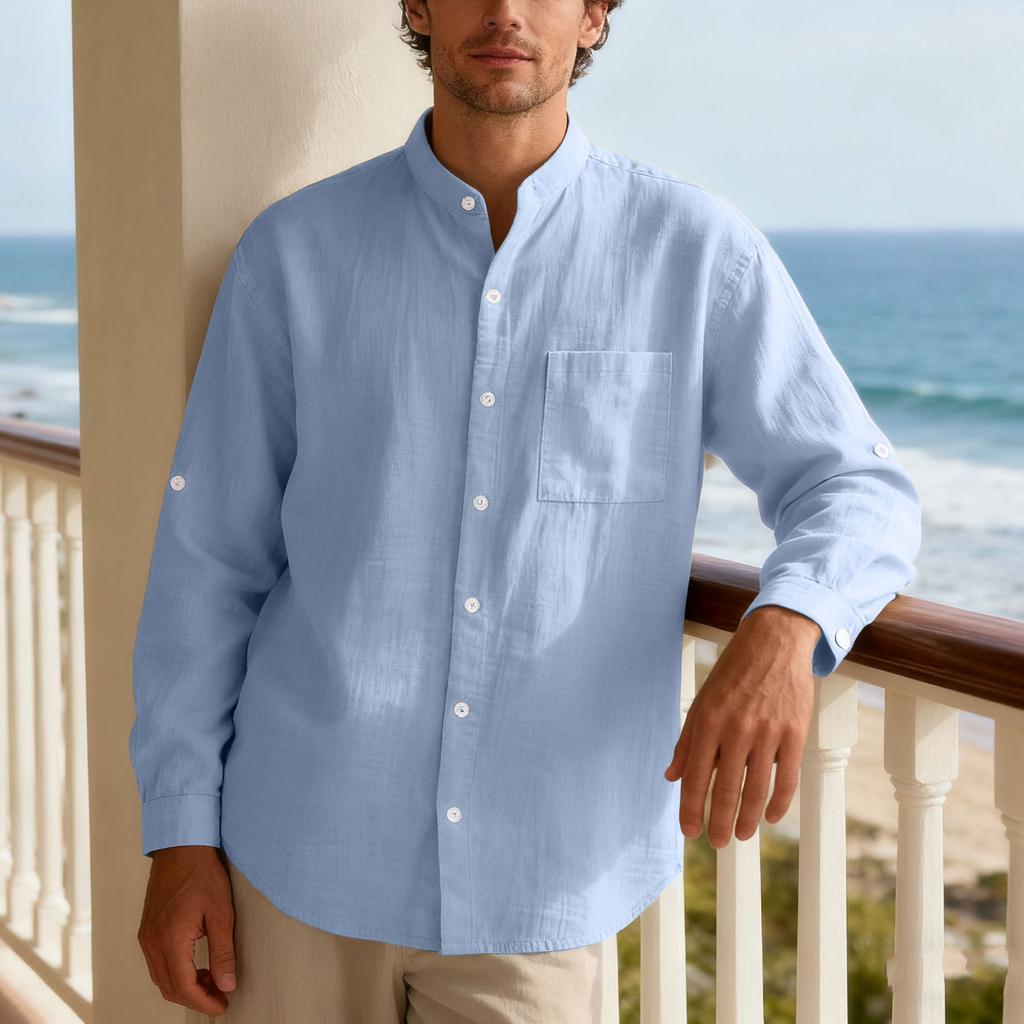 New Spring/Autumn Linen Long-Sleeved Men's Shirt Casual Beach Holiday Stand-Up Collar Commuter Shirt