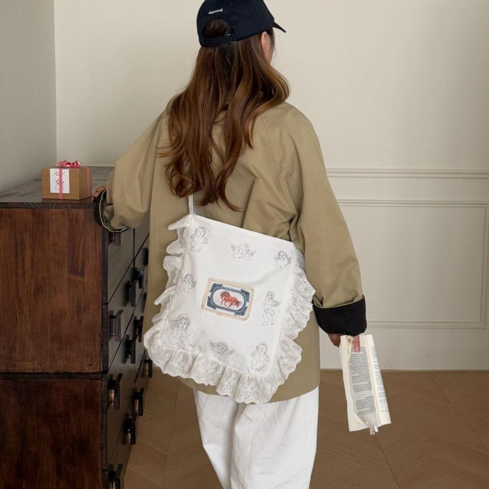 Polka Dot Ruffle Lace Canvas Bag Large Capacity Plaid Shoulder Bag Bow Shoulder Bag  Shopping