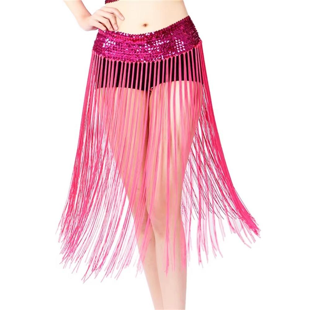 

Long Tassel Belly Dance Hip Scarf Glitter Sequins Hip Scarf Skirt Stage Performance рожевий червоний колір
