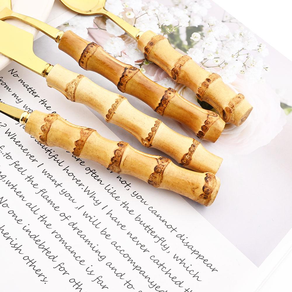 Jankng 16 Pezzi Set di Stoviglie in Oro di Bambù Naturale Set di Stoviglie di Lusso Occidentale Set di Posate da Cucchiaio da Cucina in Acciaio Inossidabile