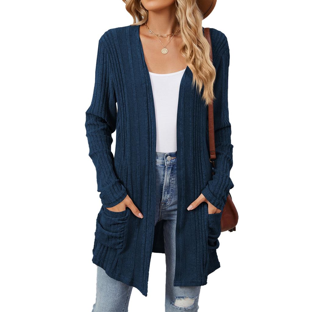 Autumn and Winter New Pit Stripes Long-sleeved Pockets Casual Solid Color Cardigan Jacket Long Cardigan Women Tops Kawaii Sweater