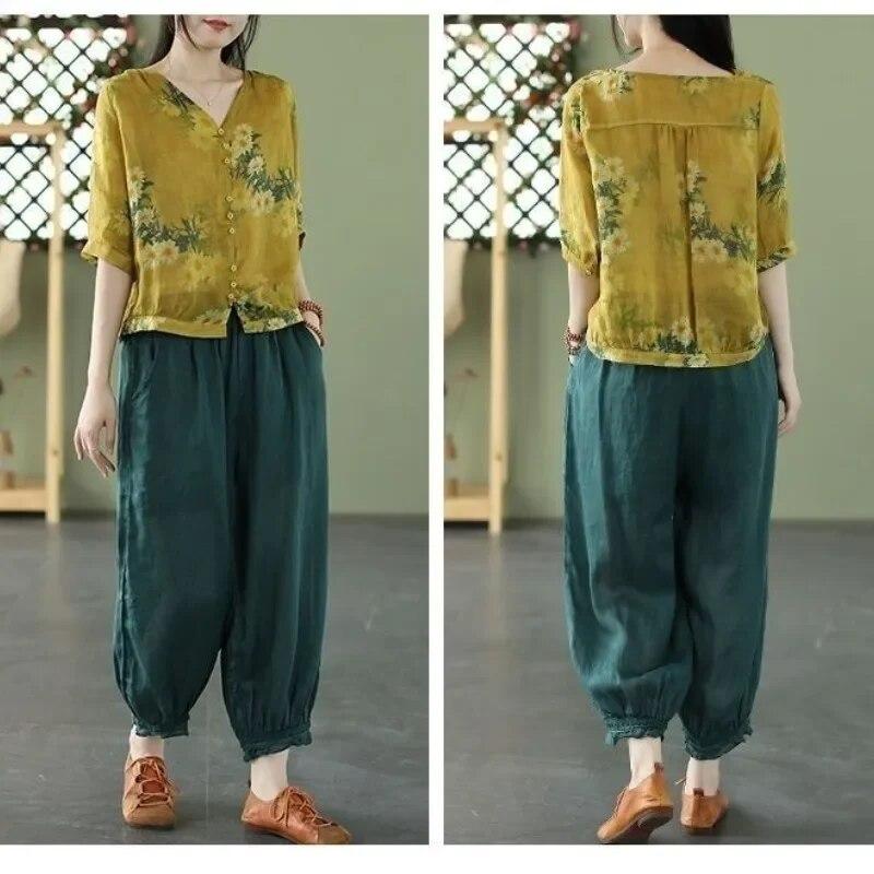 Topuri de damă vintage cu decolteu în V cu imprimeu de damă, ocazional, din bumbac, cu secțiune subțire, cămașă cu jumătate de mânecă