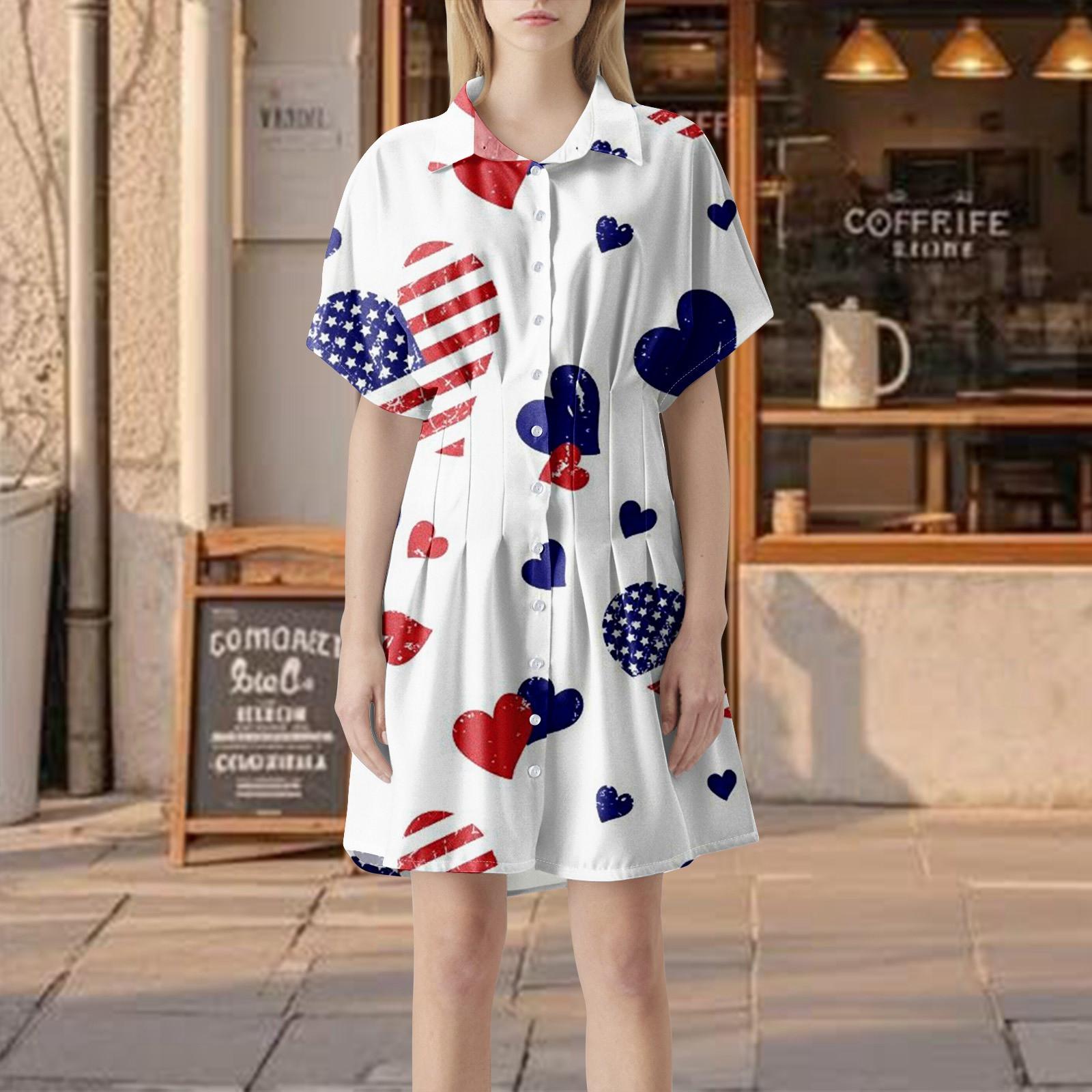 

Женское плиссированное полосатое платье-рубашка с пуговицами спереди, плиссированная рубашка с коротким рукавом, летнее повседневное короткое платье с принтом «День независимости» L