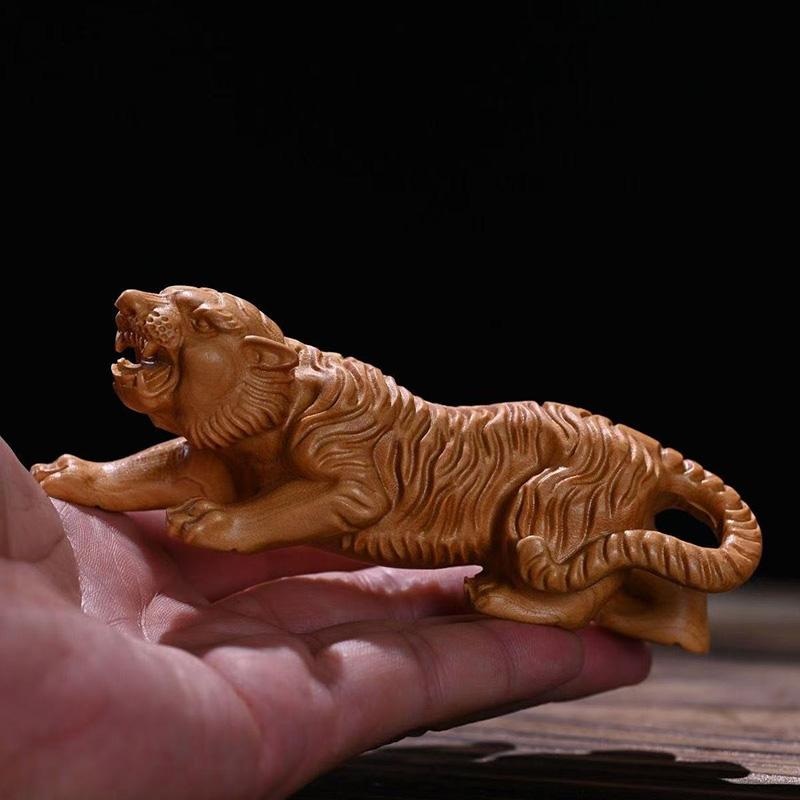 Wood Carving Tiger Baby Sculptures and Figurines Chinese Characteristic  Home Room Office Table Decoration and Accessories