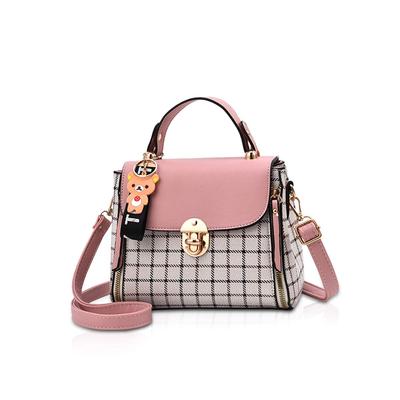 NICOLE & DORIS Cute Women's Mini Handbag with Checkered Pattern and Bear Decoration, Compact, Popular Shoulder Bag, 2-Way, Lightweight, PU Leather,