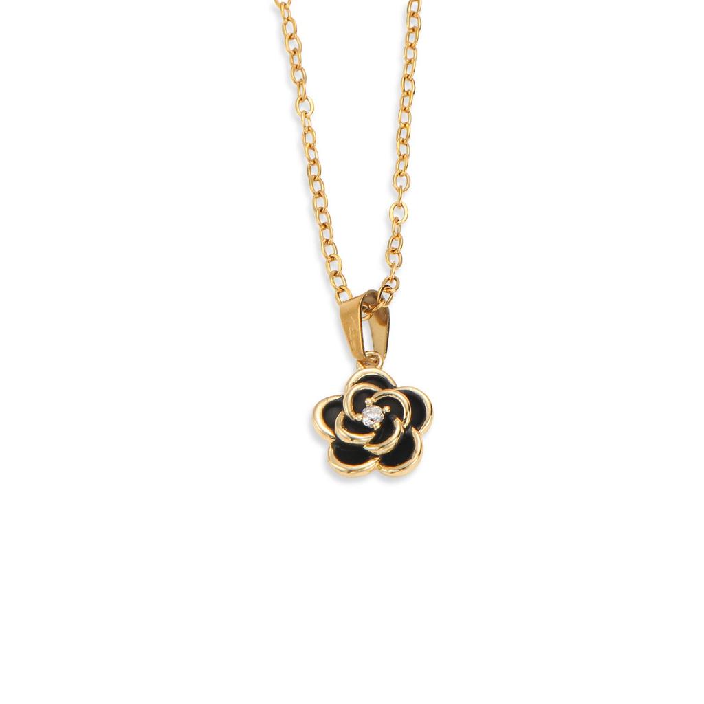 Gold-Plated Clavicle Chain Necklace with Black Enamel Camellia & Center Zirconia