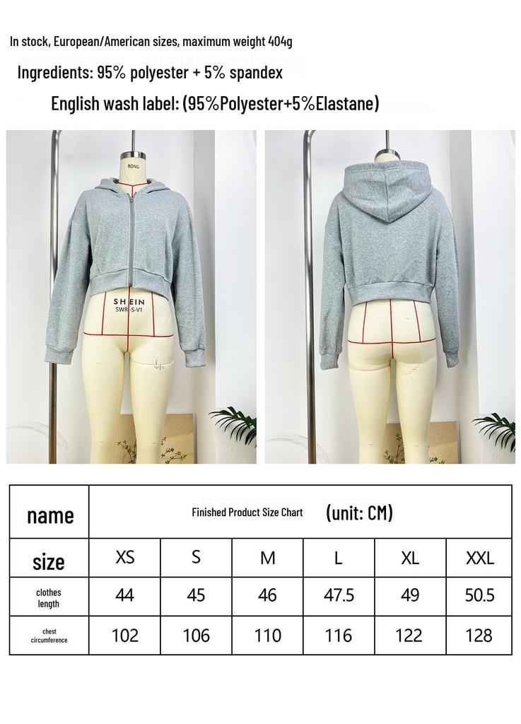 Stylish Short Zip-Up Hooded Sweatshirt with Long Sleeves