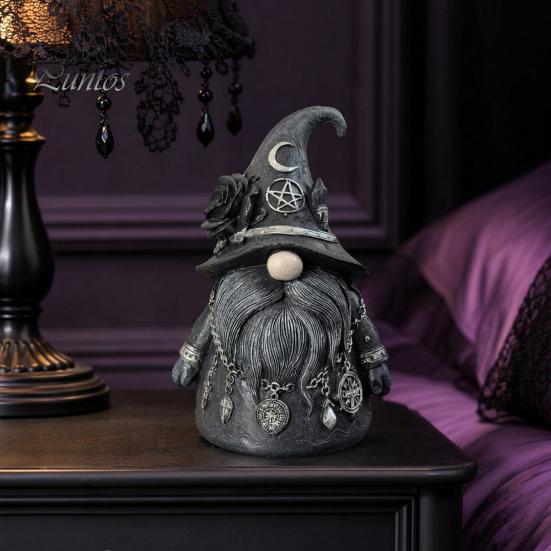 Crystal Stone Ornament Wizard Hat Faceless Gnome Figurine, Mystical Home Decor Statue with Crescent Pentagram Black Rose Witch-themed Display