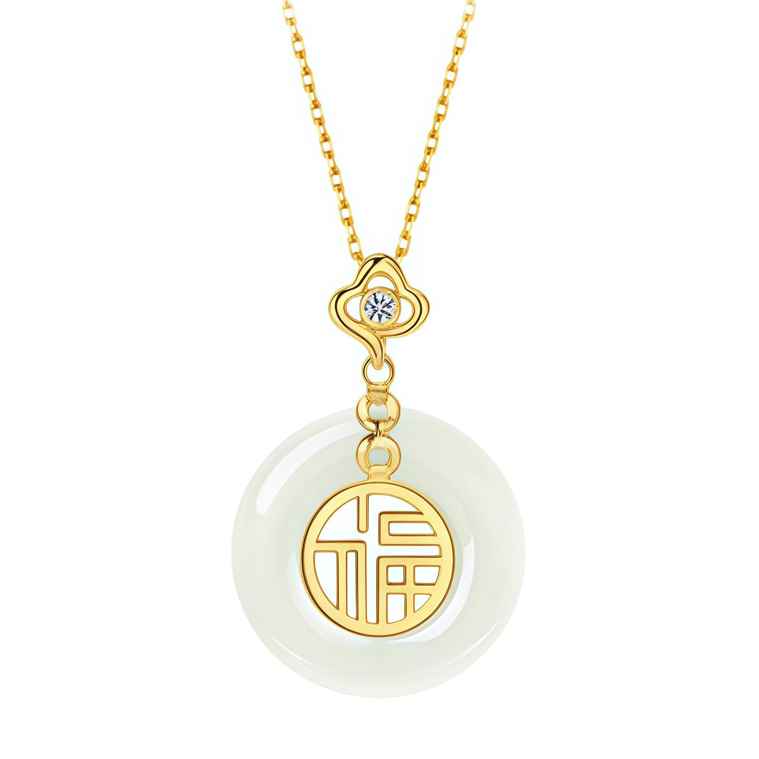 Sterling Silver Fortune & Peace Buckle Necklace with Hetian Jade - Chinese Style Birthday Gift for Mom Pure Silver