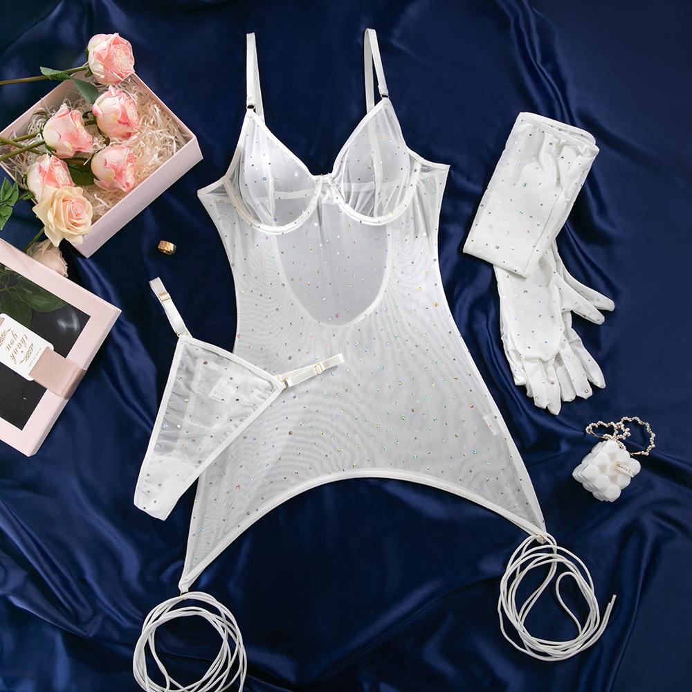 Sequin Transparent Lingerie Set with Gloves Women Mesh 3-Piece Brief Intimates Sexy Erotic Underwear Set