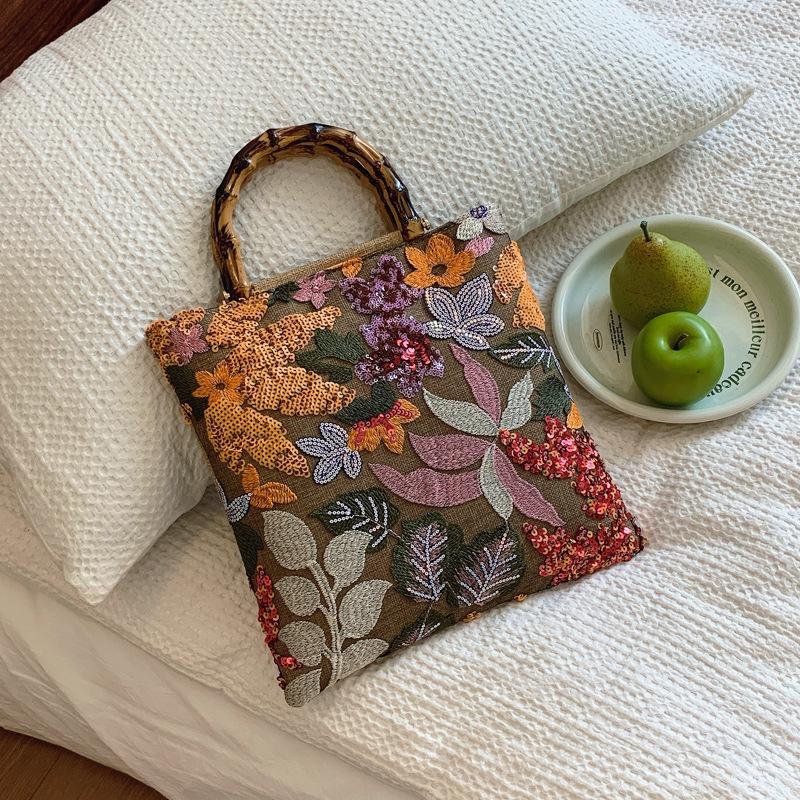 2024 Women's Cross-border Linen Bamboo Handbag with Embroidery and Sequins