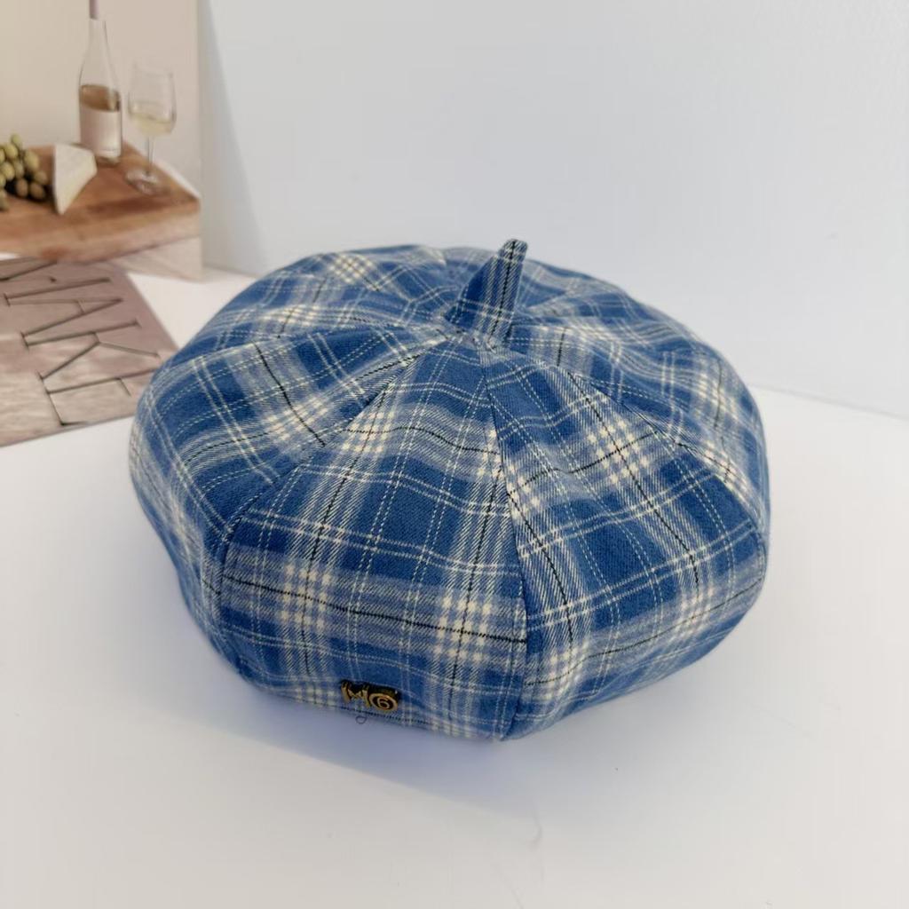 Plaid retro beret women's new British style versatile face small octagonal hat literary newsboy painter hat