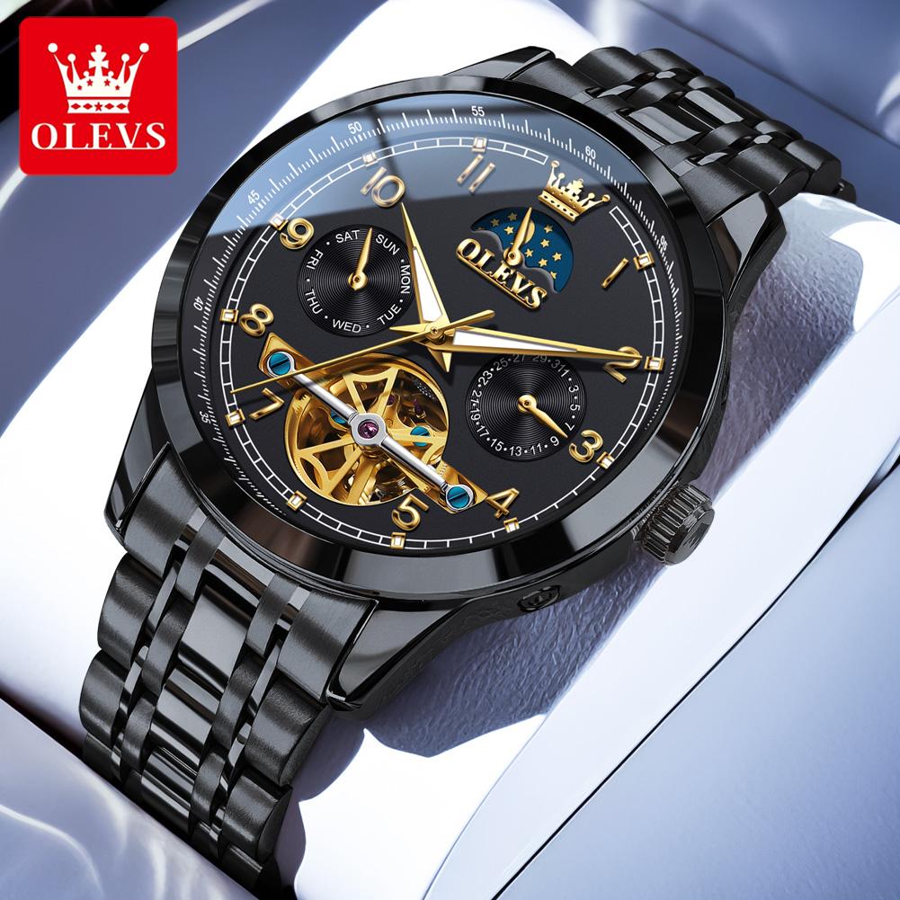OLEVS Men's Watches Top Brand Luxury Original Automatic Mechanical Wristwatch for Man Moon Phase Date Week Flywheel Waterproof