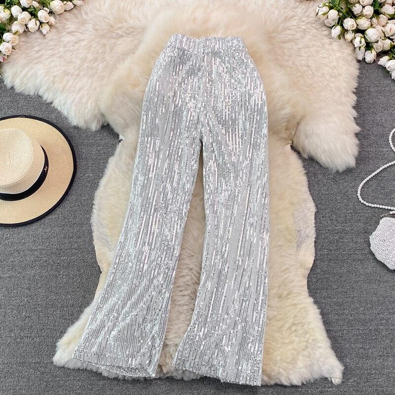 

Новые осенне-зимние повседневные брюки с эластичной талией, высокой посадкой, облегающие, универсальные, с пайетками, широкими штанинами, облегающие, прямые One Size