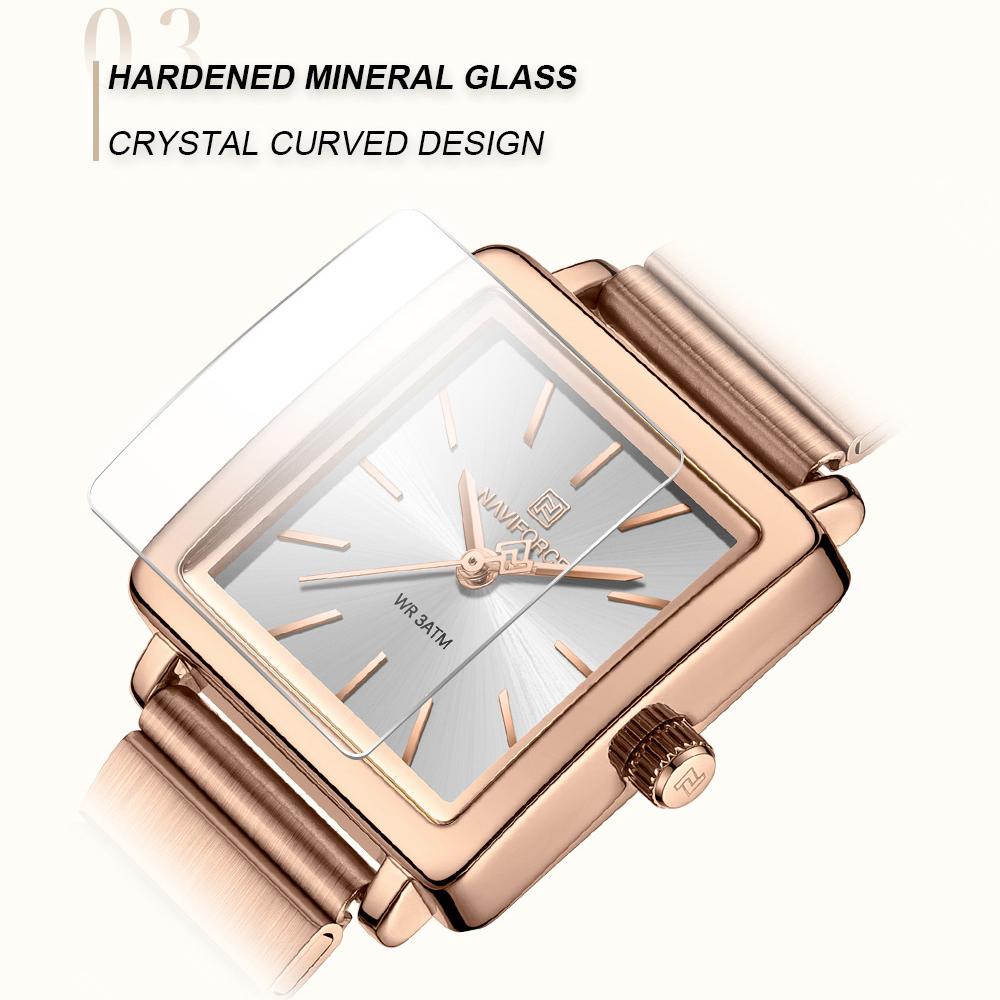 Naviforce Original Women Watch Square Dial 30m Waterproof Stainless Steel Strap Quartz Watch Casual Fashion Elegant Ladies Wristwatch NF5048