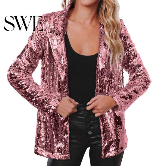 Dressy Sequin Coat Women's Jacket Shiny Open Front Blazer Evening Polyester Party Sparkly Long Sleeve Cardigan with Pockets Women