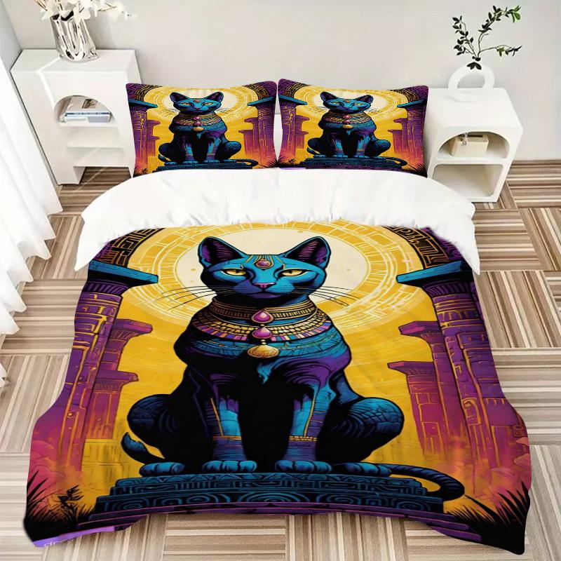 3pcs Egyptian Cat Statue Duvet Cover Set -Includes 1 Duvet Cover and 2 Pillowcases, No Quilt Core, All-Season Home Decor yy251111094