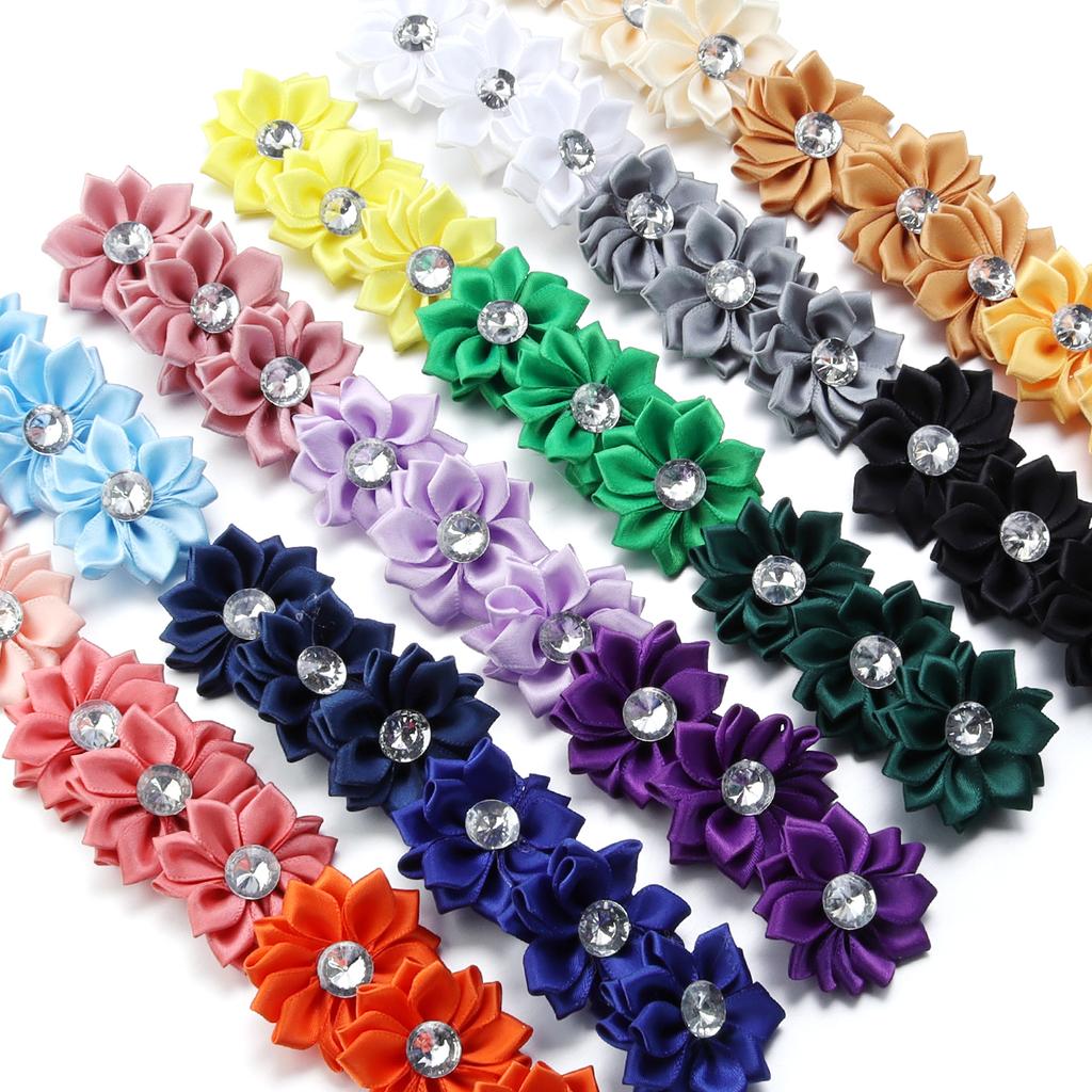 20pcs 4cm Mini Satin Ribbon Flowers Colorful Rhinestone Handmade Flowers For DIY Clothing Sewing Headwear Decoration Accessories