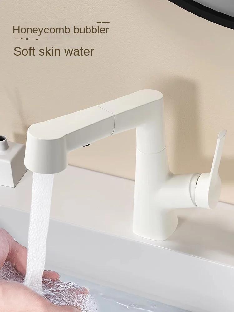 White Pull-Out Wash Basin Faucet | 360° Swivel Lift Design | Hot & Cold Multi-Function for Bathroom