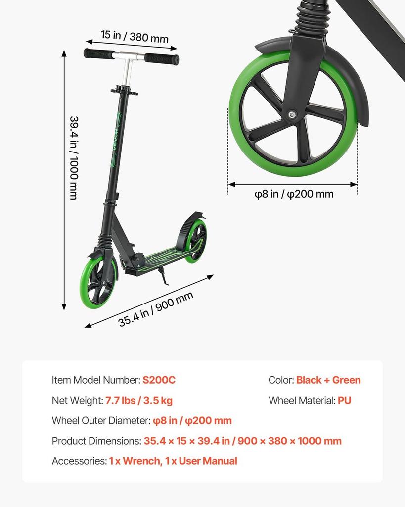 Kick Scooter for Kids Ages 8+, Teens & Adults, 2-Wheel Toddler Scooter with Adjustable Height Handlebar, Wide Anti-Slip Deck, Foldable Lightweight for