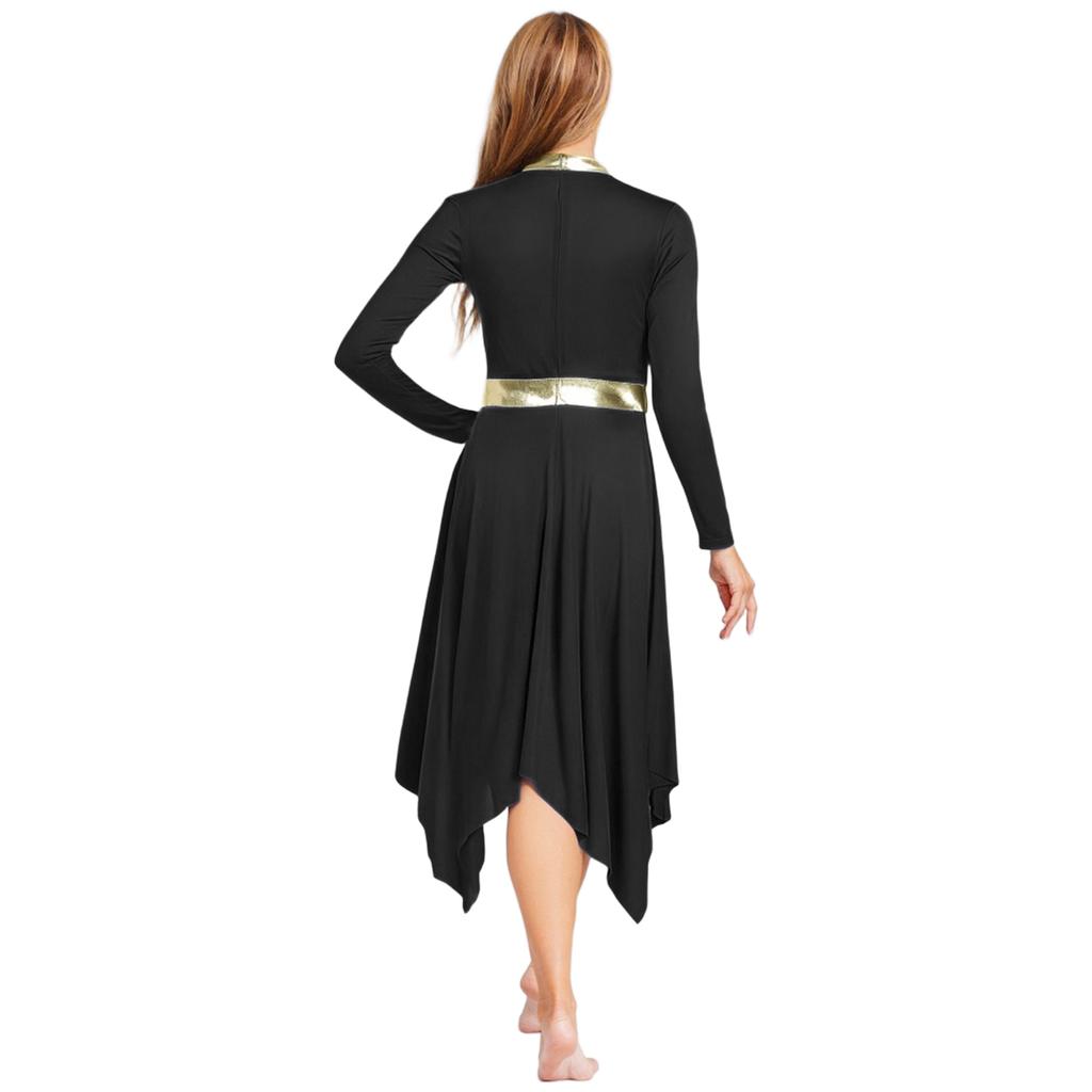 Womens Worship Dance Dress Metallic Patchwork Long Sleeve Irregular Hem Tunic Lyrical Performance Gown