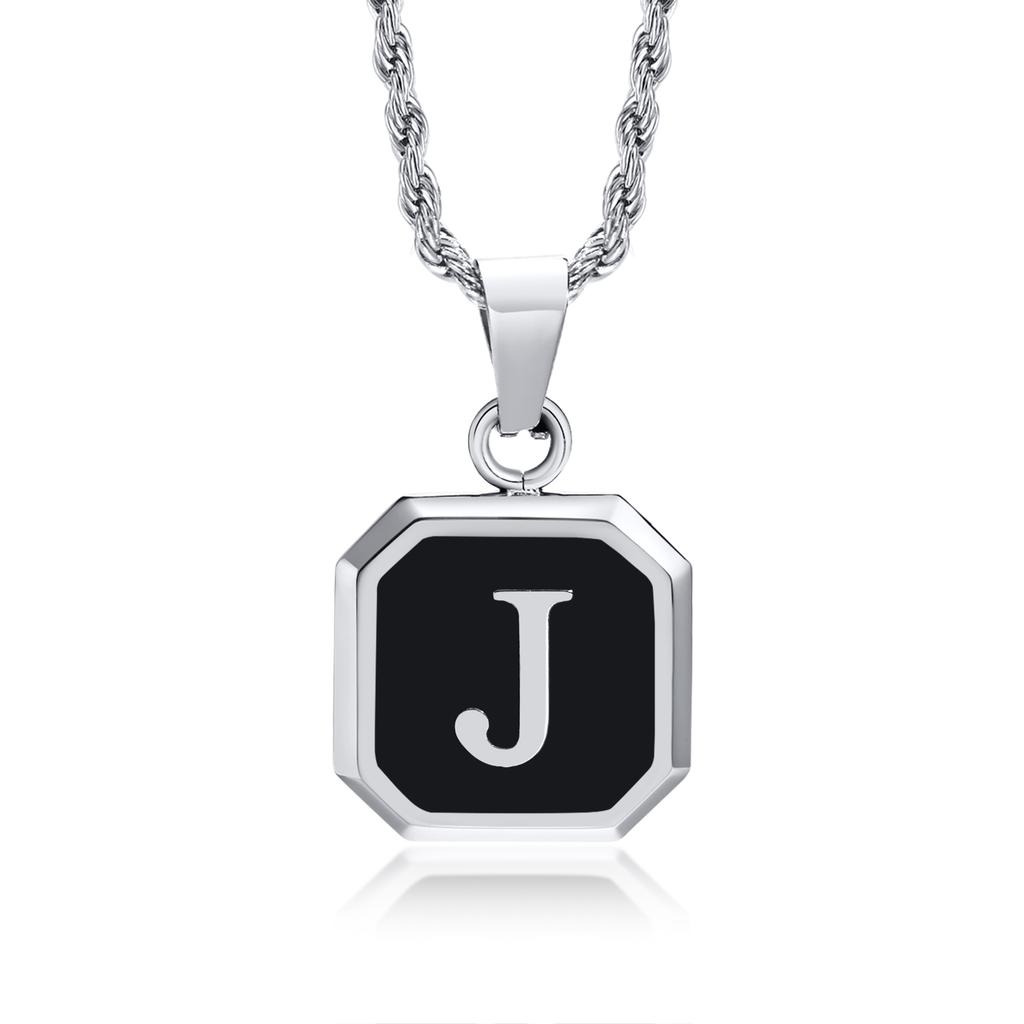 Initials Necklaces for Men Women,A-Z 26 Letters Black Square Stainless Steel Pendant Collar,45-60CM Twisted Rope Chain Gifts