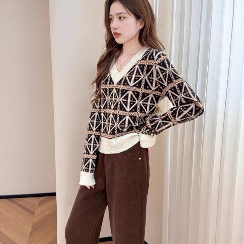 Automne Hiver Col V Patchwork Diamant Pull Décontracté Ample Femme Tricot Vintage Haut Pull de Fond
