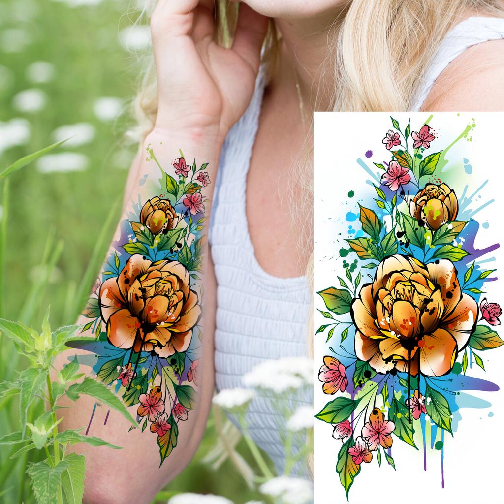 1 Sheet Butterfly Watercolor Flower Tiger Temporary Tattoos For Women Men Adults Fake Phoenix Parrot Lotus Tattoo Sticker Sleeve