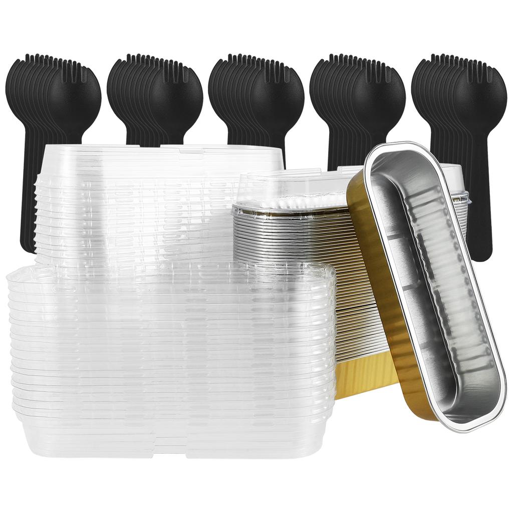 50/100Pack Mini Loaf Pans with Lids and Spoons 200ml Rectangle Aluminum Foil Oven Cake Container Baking Bread Muffin Dessert Tin