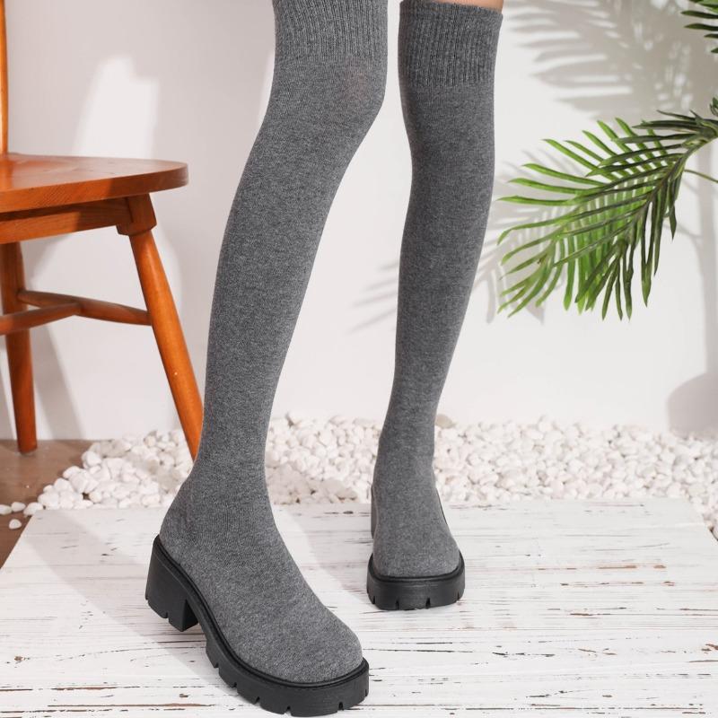 Knitted Stretch Boots Fashion Round Toe Breathable Sleeve Platform Non-Slip Block Heel Skinny Boots