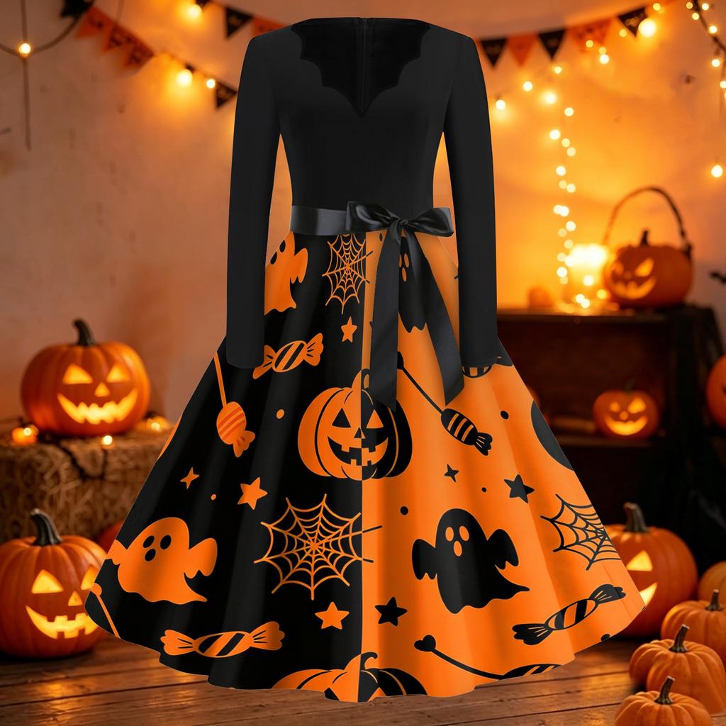 Damen Vintage Halloween Print V-Ausschnitt Kleid, Kurzarm Swing Kleid für Lässige Party