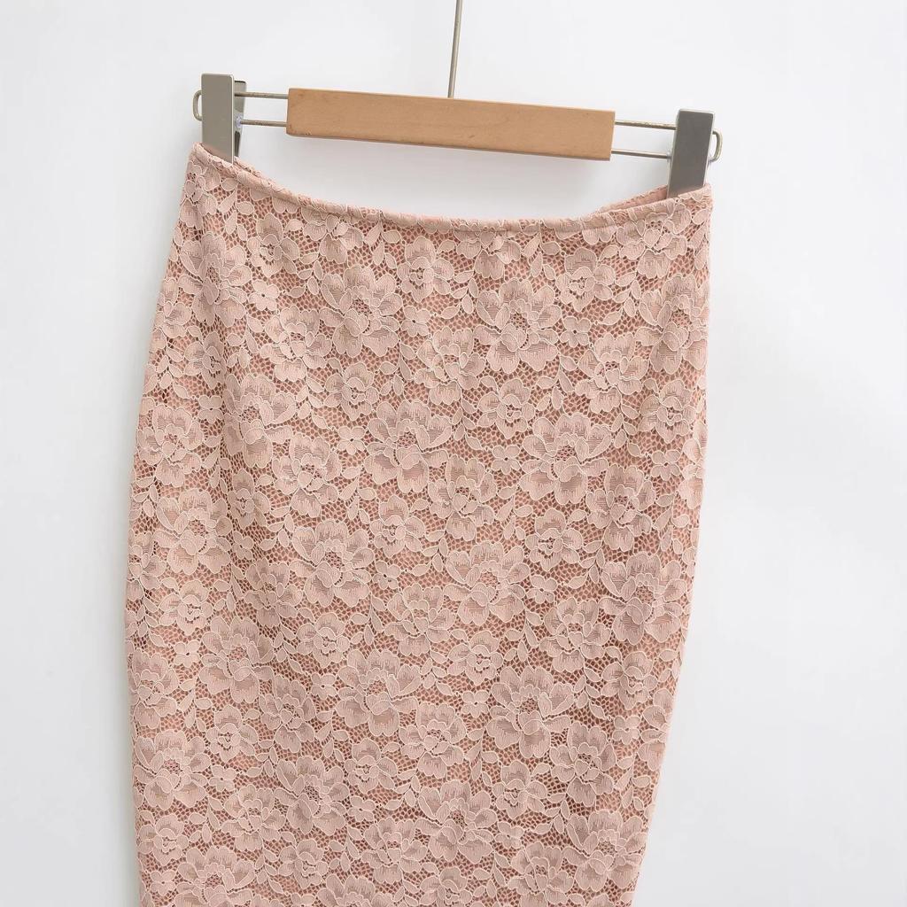 Light Luxury Nude Pink Lace High-Waisted Midi Pencil Skirt for Women – Flirty, Alluring, Figure-Hugging Autumn/Winter Style