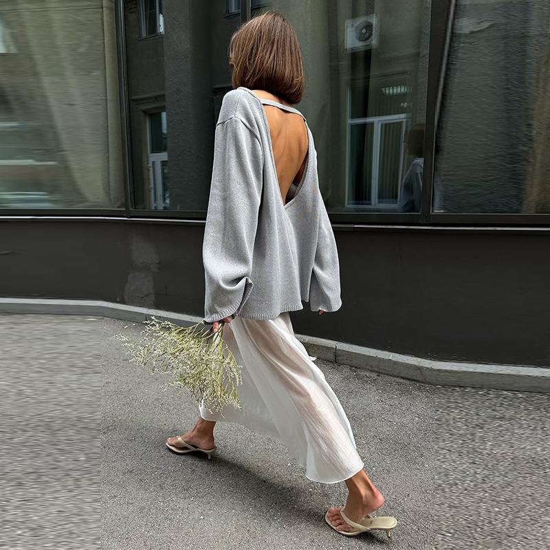 Cotton Pullover Overzie Sweater Women's Sexy Backless Loose Knit Sweater Round Neck Flared Sleeve Solid Color Pull Jumper Autumn/Winter 2025