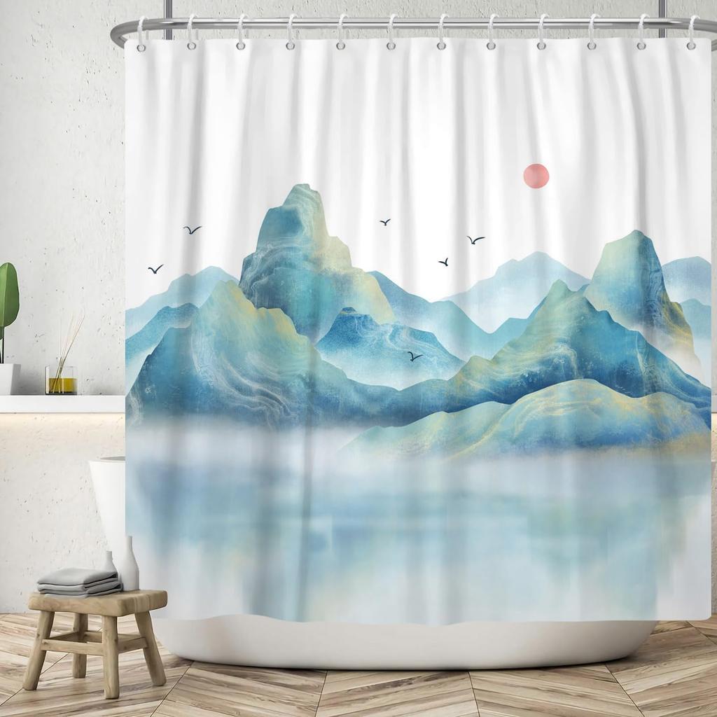 Japanese Style Plum Blossom Flying Crane Wave Pattern Shower Curtain, Washable Bathroom Waterproof Shower Curtain With 12 Hooks