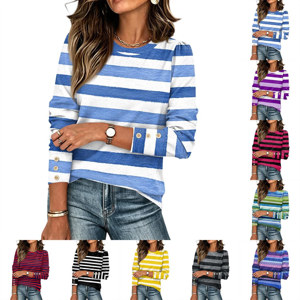 Dames Gestreept Print Knopen Lange Mouwen Blouse Casual Ronde Hals