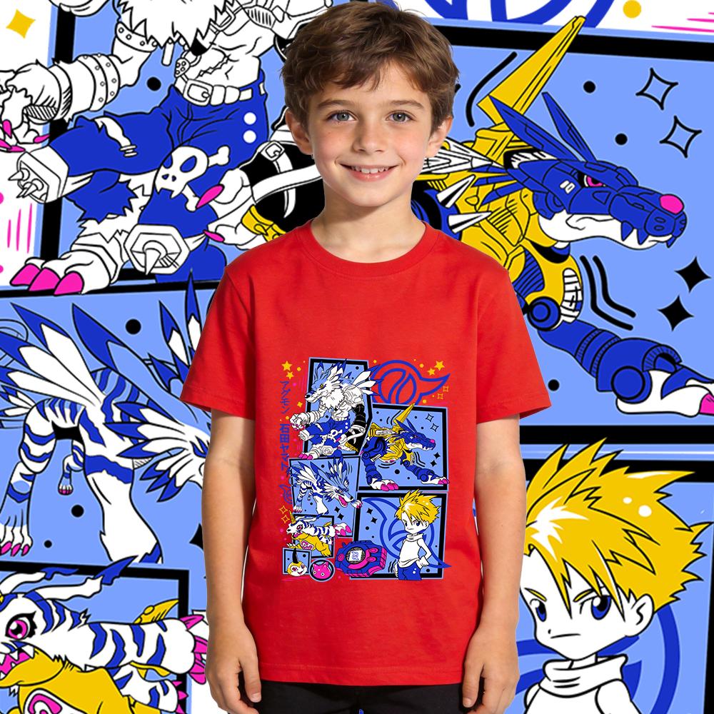 Digimon Ishida Yamato X Gabumon Anime Print Boys Girls Cotton T Shirt Casual Short Sleeve Top Kids Summer Clothes