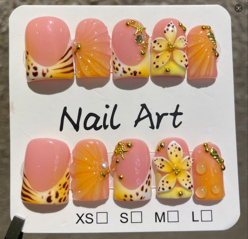 10Pcs Blue Sea Summer Press on Nails with Hand Drawn Shell Pearl Starfish Designs Nail Art Reusable Handmade French False Nails