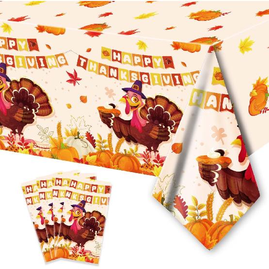 1 Pack Thanksgiving Fall Tablecloth Disposable - 108" × 54", Fall Table Cloth Autumn Harvest Turkey Pumpkin Leaves Tablecover Plastic Rectangle