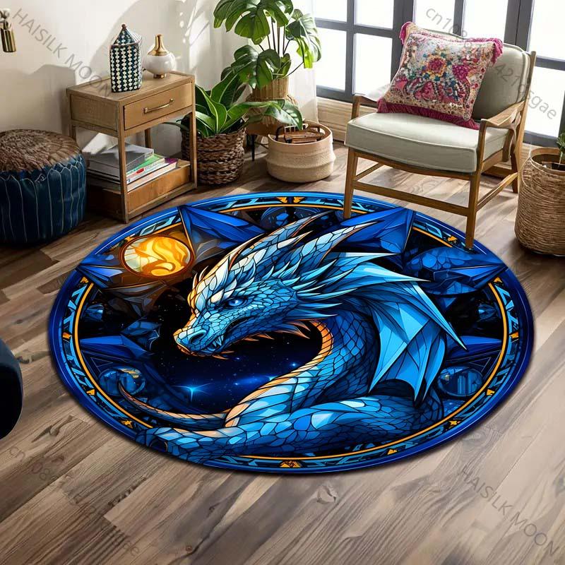 Multiple Sizes Blue Dragon, Starry Background Print Round Carpet Living Room Bedroom Table Chair Sofa Decorative Carpet
