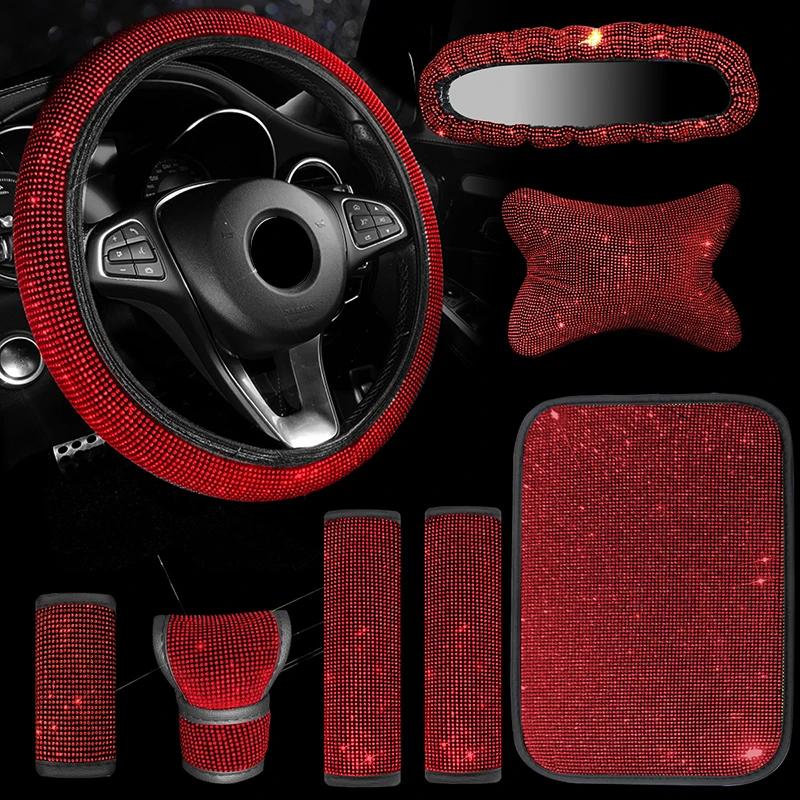 8Pcs Women Car Steering Wheel Cover Armrest Mat Seat Belt Gear Shift Pull Rearview Mirror Cover Headrest Car Accessories Set