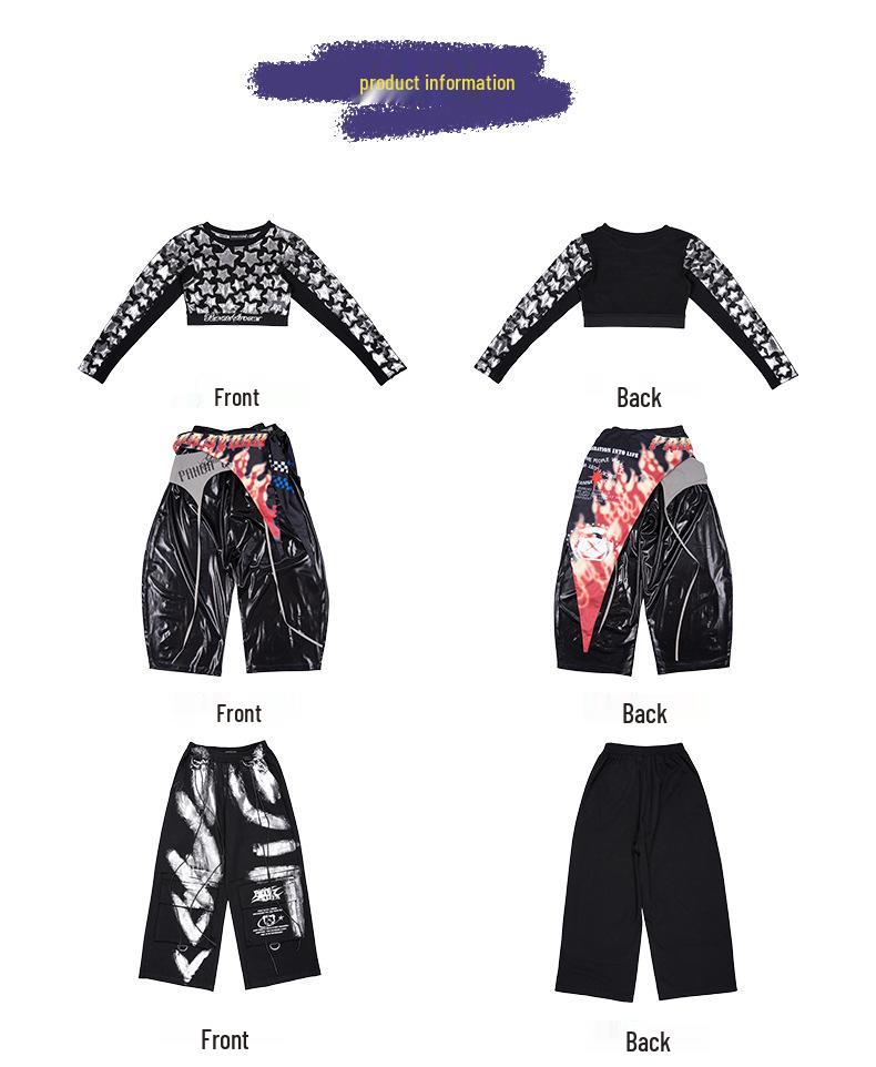 Girls' Jazzy Crop Long-Sleeve Top & Pants Set - Children's Street Dance Costume