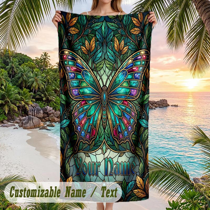 Butterfly Garden Fantasy 7 Theme Quick Dry Beach Towel Custom Name Text Print Large Sand Resistant Towel Beach Vacation