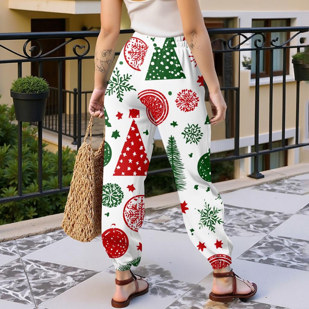 Dames Kerst Print Casual Joggingbroek met Elastische Tailleband en Manchetten