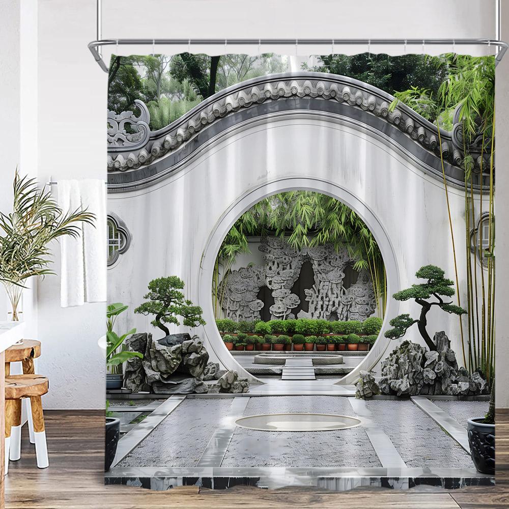 Chinese Courtyard Shower Curtain Arch Door Green Tree Bamboo Yard Path Garden Classical Bathroom Decor Bath Curtain with Hook
