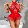 Mesh Hollow Out PU Latex Leather Open Crotch Bodysuit Women Sexy Lingerie Underwear Set Erotic See Through Costumes